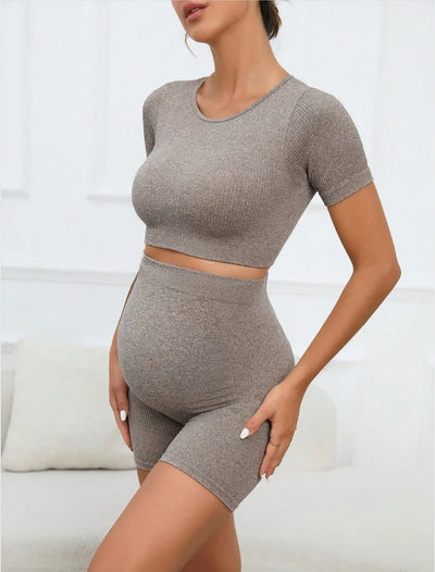 Women's Maternity 2 Piece Seamless Short Sleeve Crop Top Legging Sets Workout Casual - PrimeandBeauty