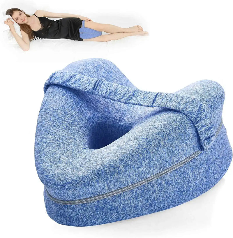 Buy Memory Foam Knee Pillow for Side Sleepers with ergonomic strap and breathable cover for hip alignment and sleep comfort.