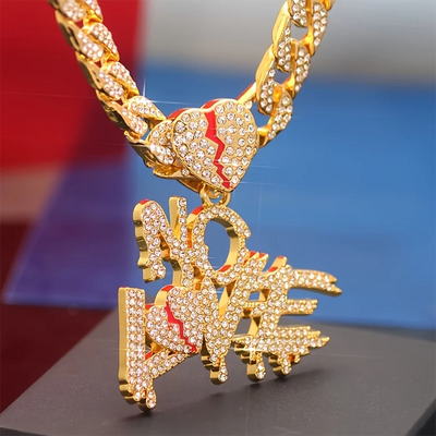Hip Hop Iced Out Bling Crystal Cuban Chains NO LOVE Necklace Pendants For Men and Women Heart Broke Statement Necklaces Jewelry - PrimeandBeauty