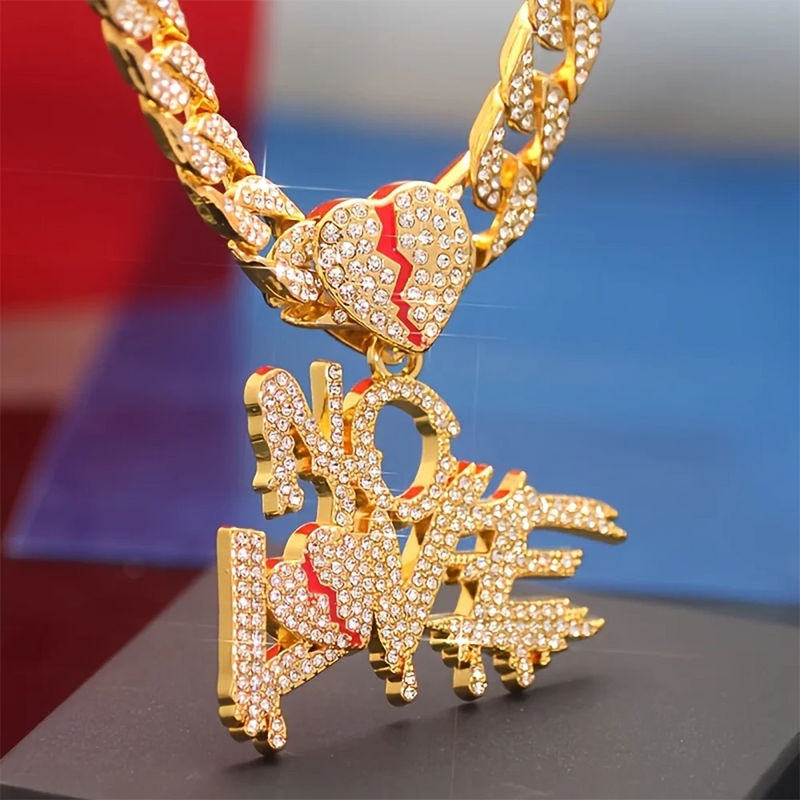 Hip Hop Iced Out Bling Crystal Cuban Chains NO LOVE Necklace Pendants For Men and Women Heart Broke Statement Necklaces Jewelry - PrimeandBeauty