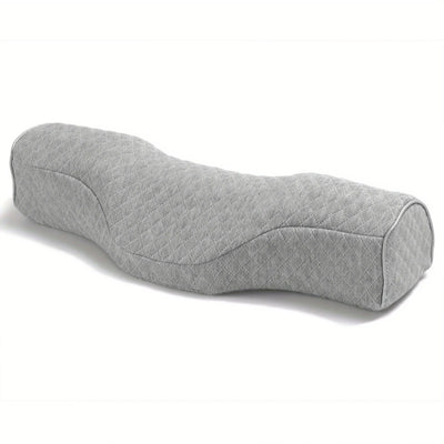 Gray orthopedic memory foam neck pillow with ergonomic contour, ideal for pain relief and cervical spine support.