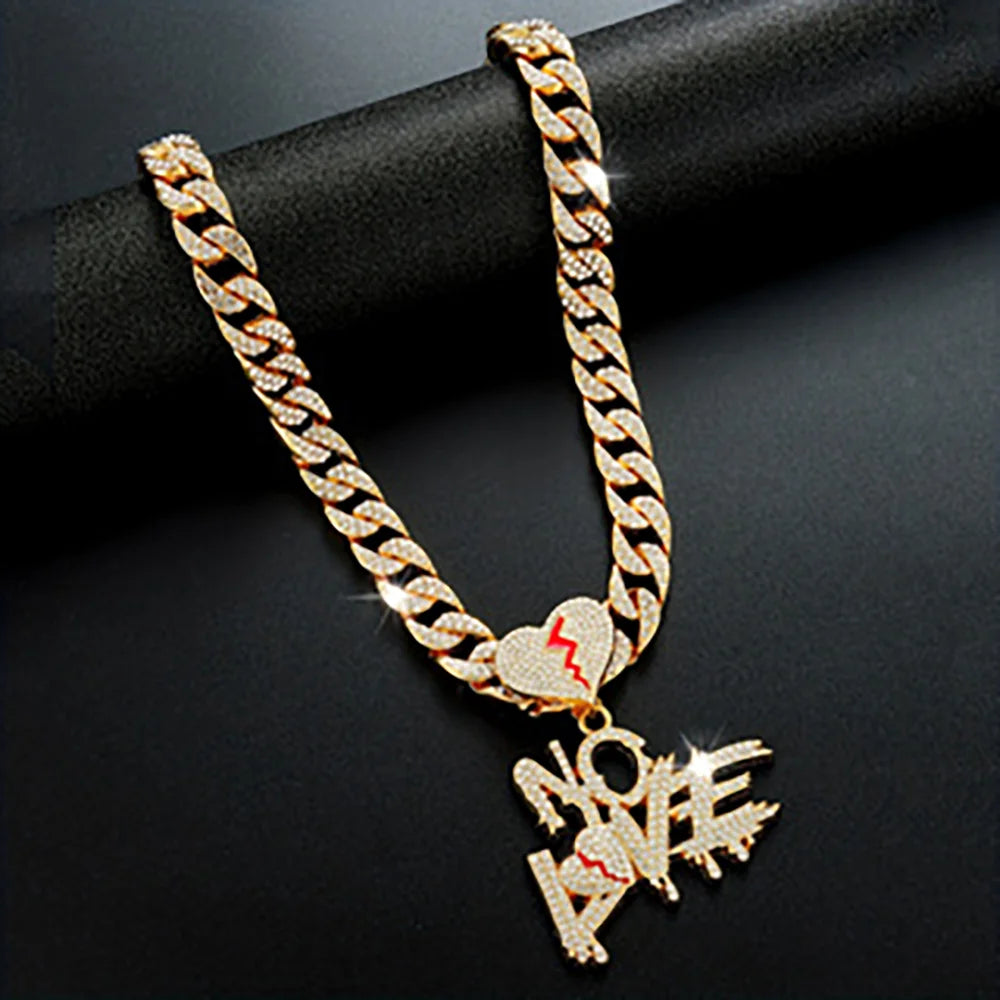Hip Hop Iced Out Bling Crystal Cuban Chains NO LOVE Necklace Pendants For Men and Women Heart Broke Statement Necklaces Jewelry - PrimeandBeauty