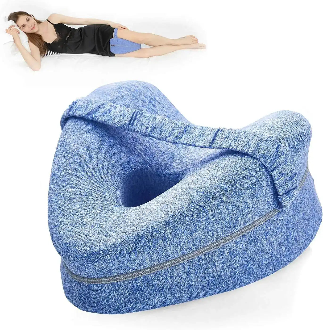 Ergonomic Memory Foam Knee Pillow with adjustable strap used by side sleeper; promotes hip alignment and sleep comfort.