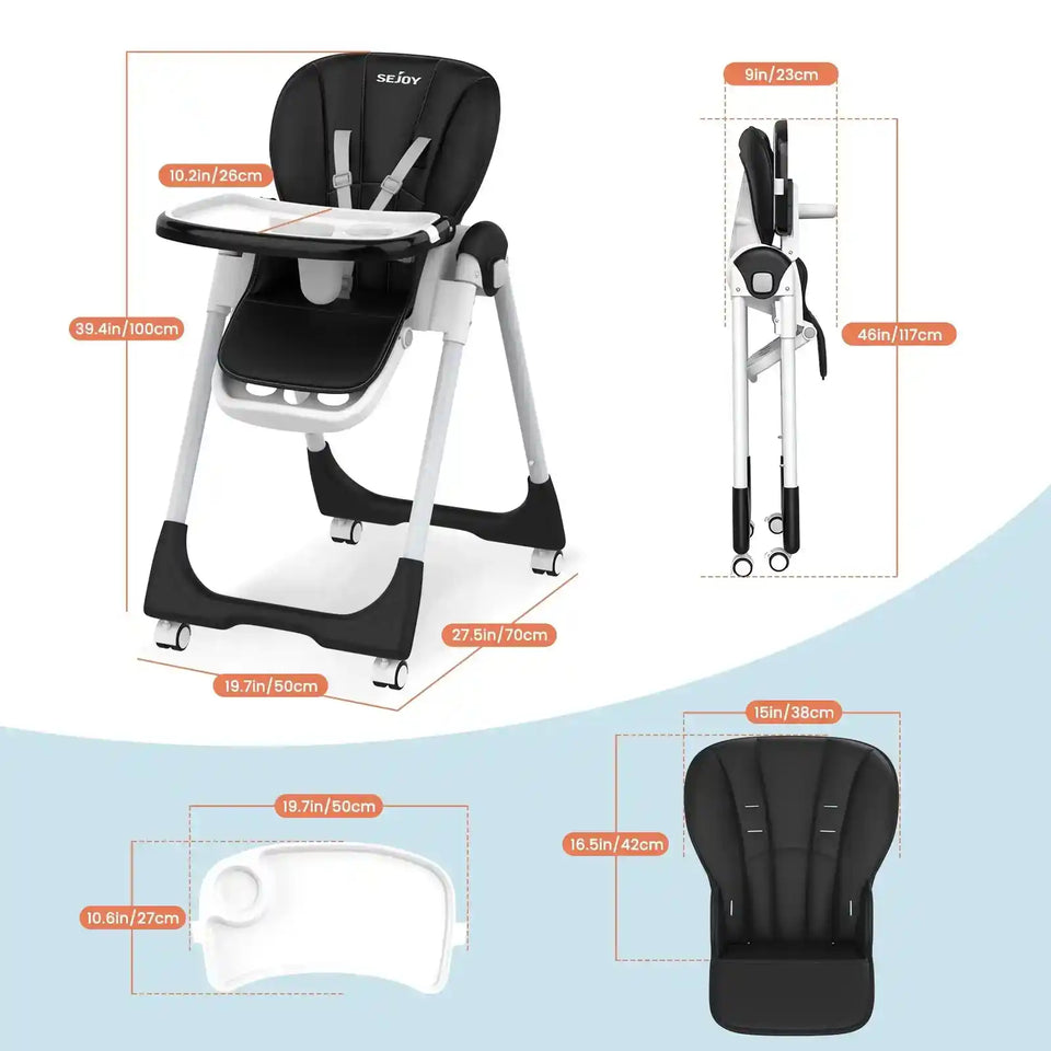 Sejoy Adjustable Baby High Chair with 5-Point Harness 3-Tier Tray & Wheels CE/CPC Certified Children's Dining Chair - PrimeandBeauty