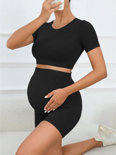 Women's Maternity 2 Piece Seamless Short Sleeve Crop Top Legging Sets Workout Casual - PrimeandBeauty