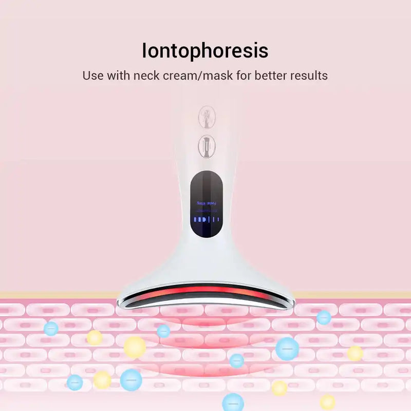 EMS Facial Massager & Neck Lifter using iontophoresis technology to enhance absorption of neck creams and masks for better results.