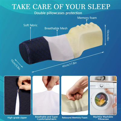 Cross-section of orthopedic neck pillow with memory foam layers, breathable mesh, and washable cover for pain relief and comfort.