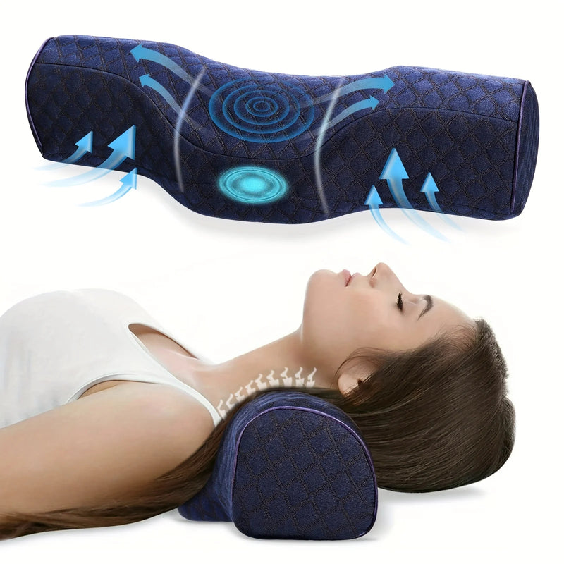 Orthopedic neck pillow for pain relief with memory foam, showing ergonomic support and airflow design for spinal alignment.