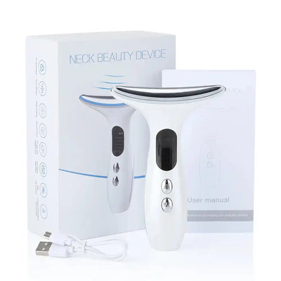 White EMS Facial Massager & Neck Lifter with packaging, USB cable, and user manual for anti-wrinkle and neck lifting care.