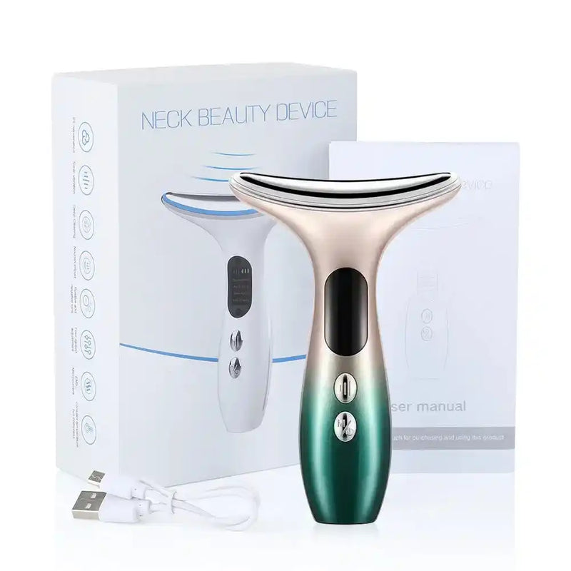 Green and gold EMS Face Massager with USB cable and user manual, packaged in branded box for wrinkle and lifting treatment.