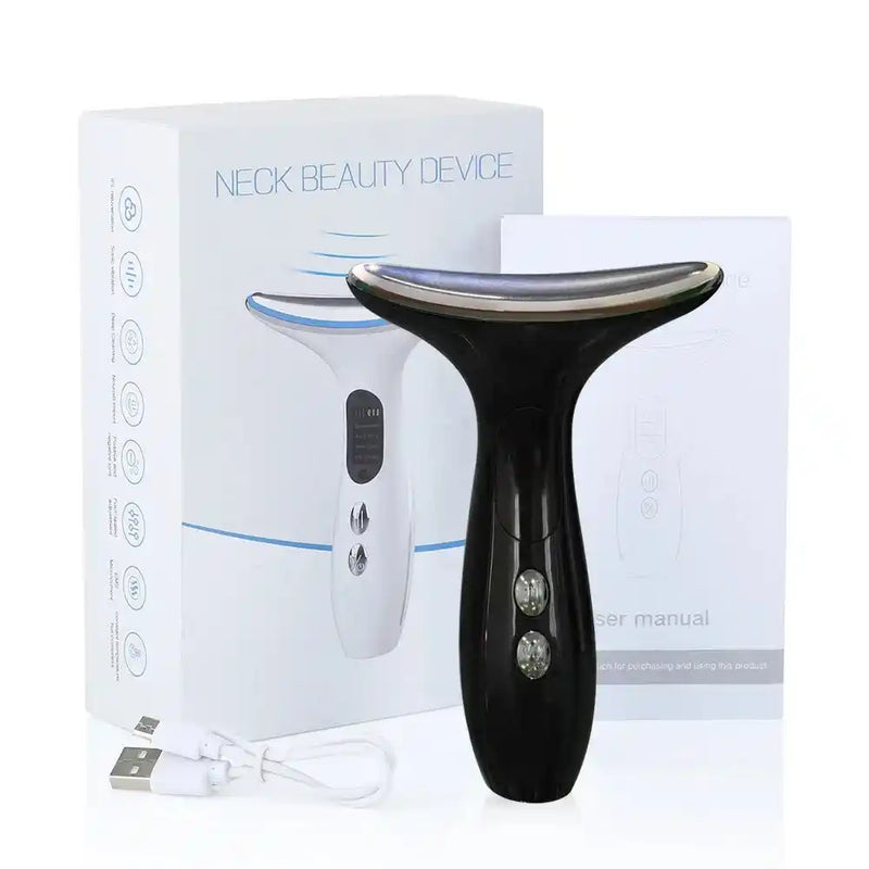 Black EMS Face Massager with LED light, USB cable, and user manual, designed for skin rejuvenation and chin lifting therapy.