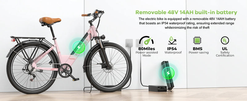 1000 Peak Electric Bike for Adults,up 80 Miles Removable Battery Ebike, 26" Electric E Bike with 7-Speed,Adult Electric Bicycles