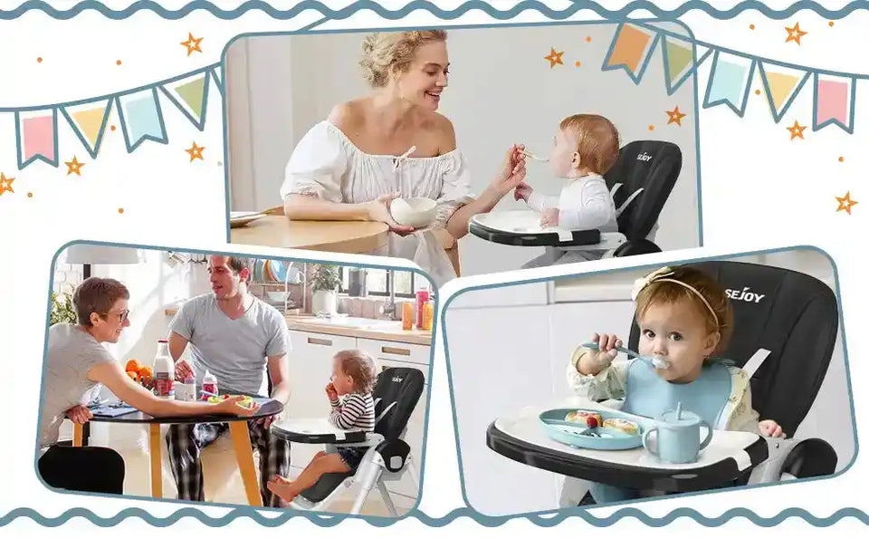 Sejoy Adjustable Baby High Chair with 5-Point Harness 3-Tier Tray & Wheels CE/CPC Certified Children's Dining Chair - PrimeandBeauty