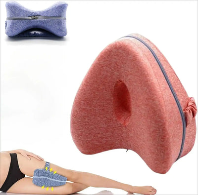 Red Revoget Neck Pain Pillow with memory foam and elastic strap, designed to align hips and spine for side sleepers seeking pain relief.