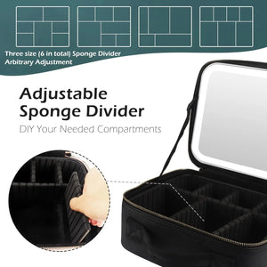 Makeup Organizer with Mirror Light 3 Adjustable Brightness Travel Train Case Cosmetic Bag Portable Storage Partition Waterproof - PrimeandBeauty