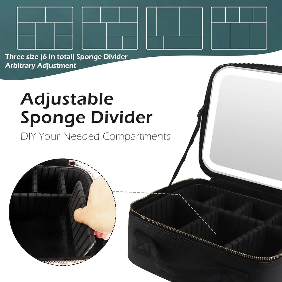 Makeup Organizer with Mirror Light 3 Adjustable Brightness Travel Train Case Cosmetic Bag Portable Storage Partition Waterproof - PrimeandBeauty