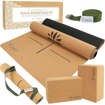 Gayo Premium Cork All-in-One Yoga Essentials Kit -Large Cork Yoga Mat and Blocks Set with Carry Strap and Alignment lines - PrimeandBeauty