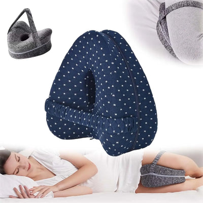 Ergonomic pregnancy knee pillow with adjustable strap for side sleeping comfort and leg alignment support.