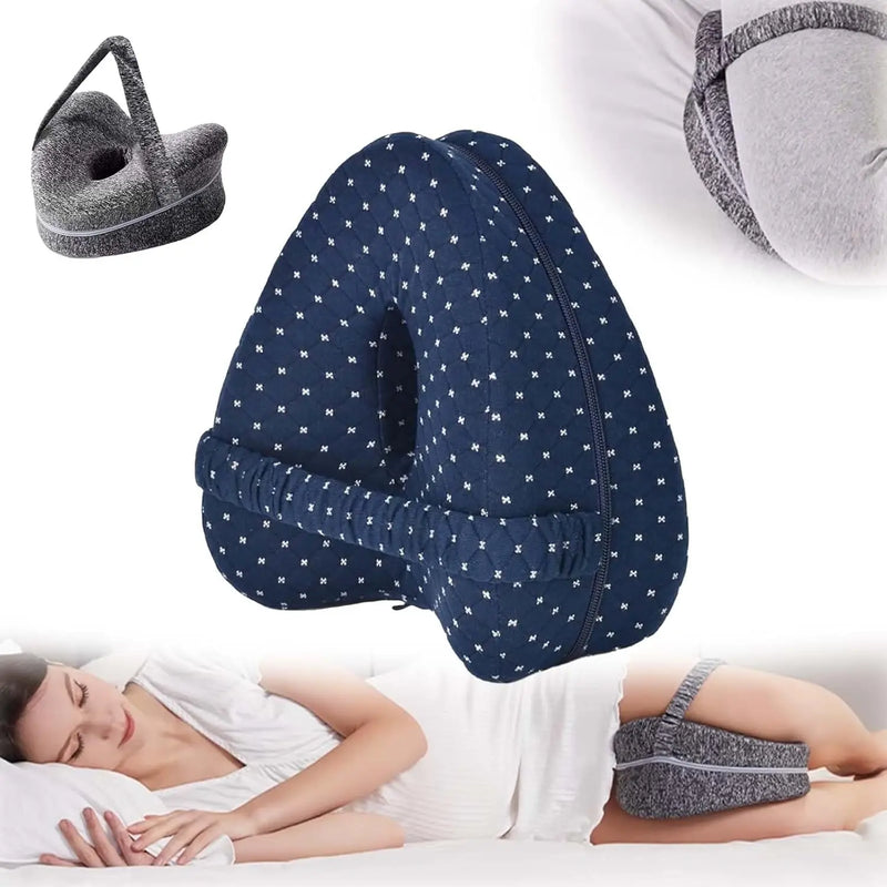 Ergonomic pregnancy knee pillow with adjustable strap for side sleeping comfort and leg alignment support.
