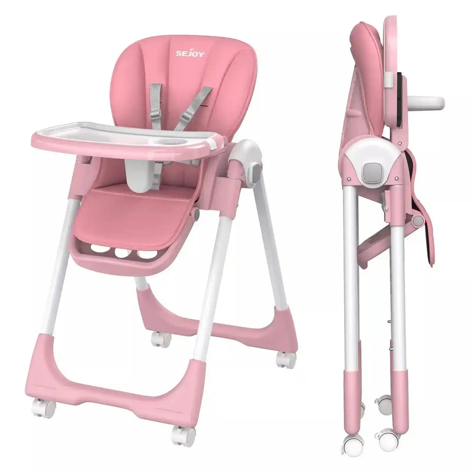 Sejoy Adjustable Baby High Chair with 5-Point Harness 3-Tier Tray & Wheels CE/CPC Certified Children's Dining Chair - PrimeandBeauty
