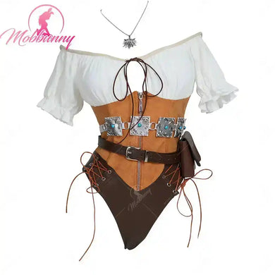 MOBBUNNY Women's Ciri Derivative Cosplay Costume Sexy Bodysuit Medieval Halloween Lingerie Set Bodycon with Belt Gloves and Bag - PrimeandBeauty