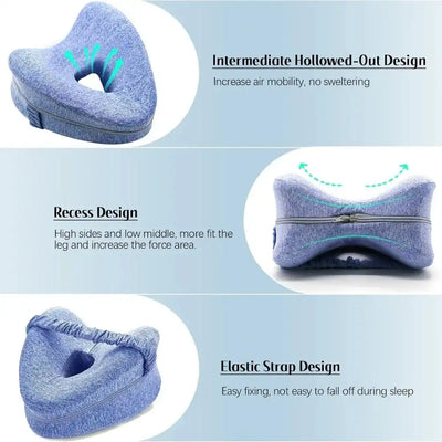Design features of Revoget Neck Pain Pillow including hollowed-out center, recess shape, and elastic strap for enhanced comfort and stability.