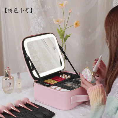 New LED Lighted Cosmetic Case with Mirror Waterproof PU Leather Portable Travel Makeup Storage Bags - PrimeandBeauty