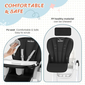 Sejoy Adjustable Baby High Chair with 5-Point Harness 3-Tier Tray & Wheels CE/CPC Certified Children's Dining Chair - PrimeandBeauty
