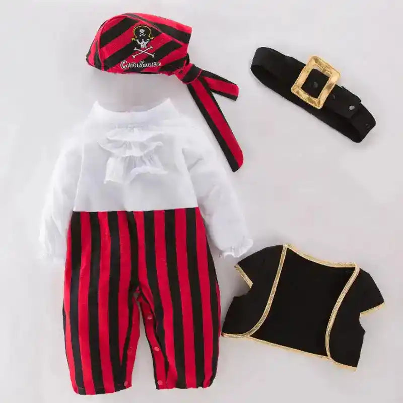 Baby Boys Girls Captain Pirate Costume Infant Toddler Romper Jumpsuit Umorden Halloween Purim Party Fancy Dress Red Stripe - PrimeandBeauty