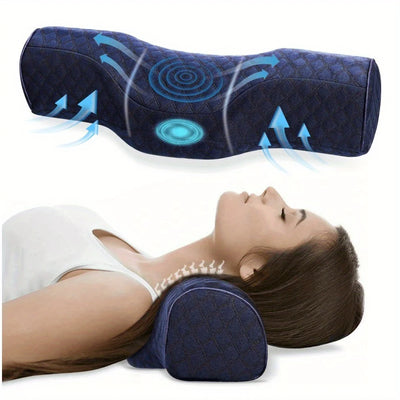 Memory foam orthopedic neck pillow with ergonomic contour and airflow design, supporting cervical spine for pain relief.