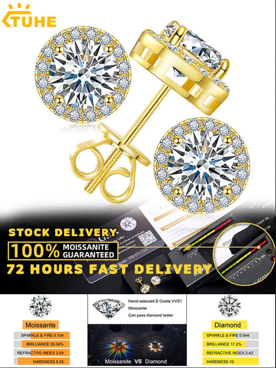TUHE Unisex Classic Round VVS1 Moissanite Earring For Women Fine Jewelry luxury Wedding Lab Diamond 925 Silver Earring Gift - PrimeandBeauty