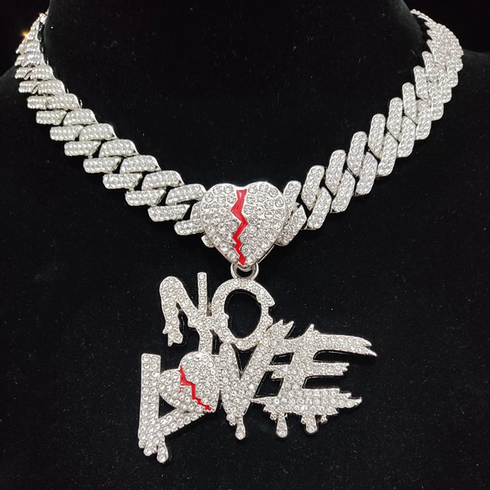 Hip Hop Iced Out Bling Crystal Cuban Chains NO LOVE Necklace Pendants For Men and Women Heart Broke Statement Necklaces Jewelry - PrimeandBeauty