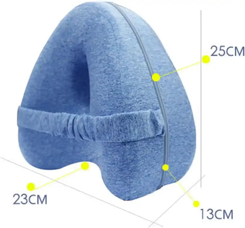 Memory Foam Knee Pillow dimensions 25x23x13cm; ergonomic shape with strap and zipper for side sleepers and hip alignment support.