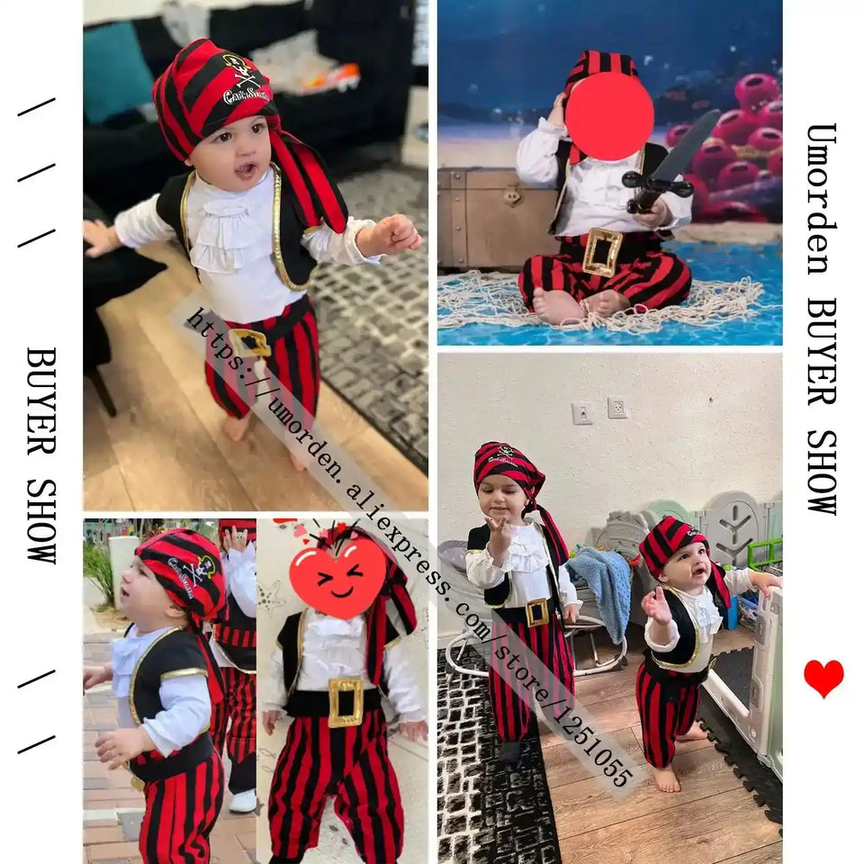 Baby Boys Girls Captain Pirate Costume Infant Toddler Romper Jumpsuit Umorden Halloween Purim Party Fancy Dress Red Stripe - PrimeandBeauty