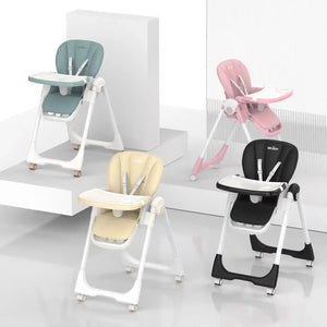 Sejoy Adjustable Baby High Chair with 5-Point Harness 3-Tier Tray & Wheels CE/CPC Certified Children's Dining Chair - PrimeandBeauty