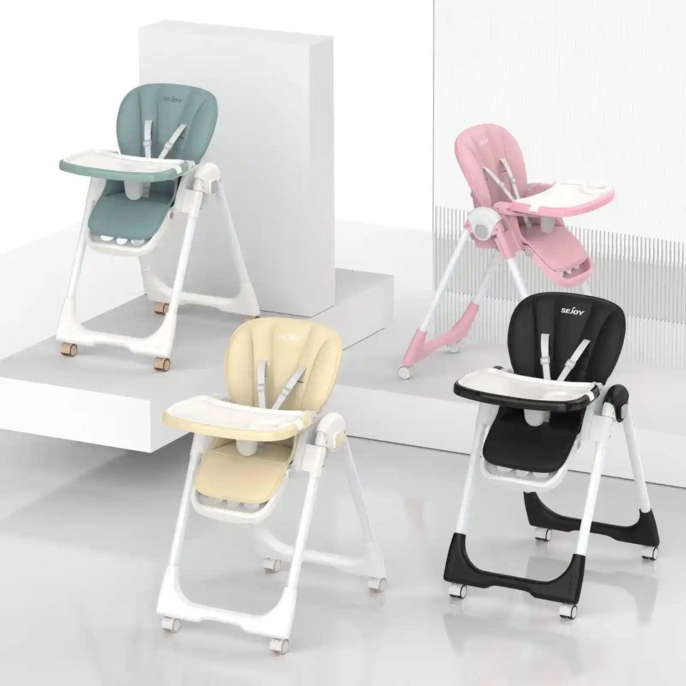 Sejoy Adjustable Baby High Chair with 5-Point Harness 3-Tier Tray & Wheels CE/CPC Certified Children's Dining Chair - PrimeandBeauty