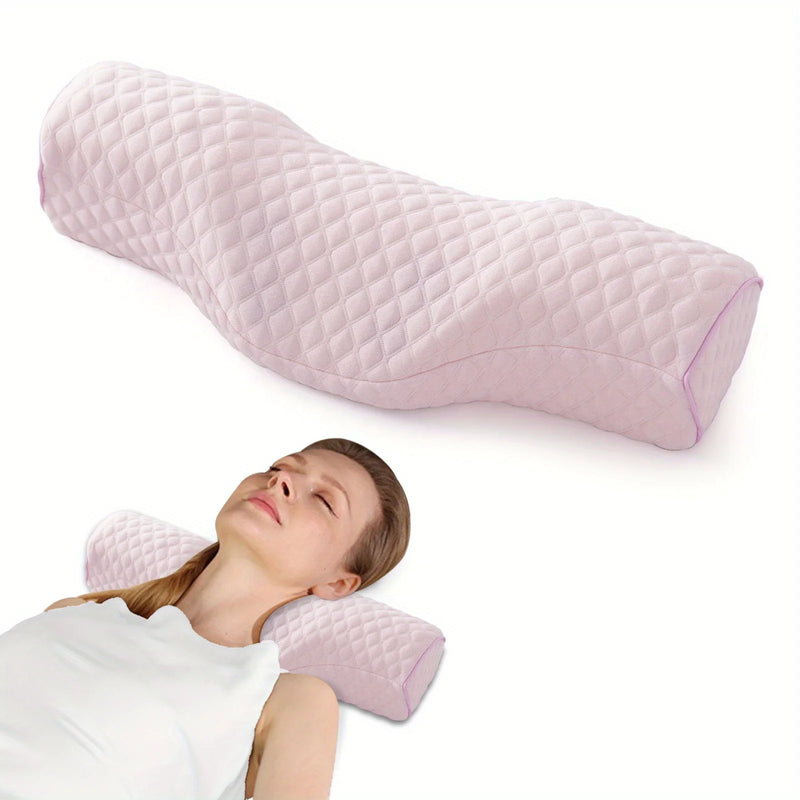 Light pink orthopedic neck pillow with memory foam, shown in use for neck support and pain relief while sleeping.