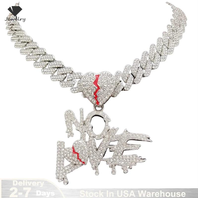 Hip Hop Iced Out Bling Crystal Cuban Chains NO LOVE Necklace Pendants For Men and Women Heart Broke Statement Necklaces Jewelry - PrimeandBeauty