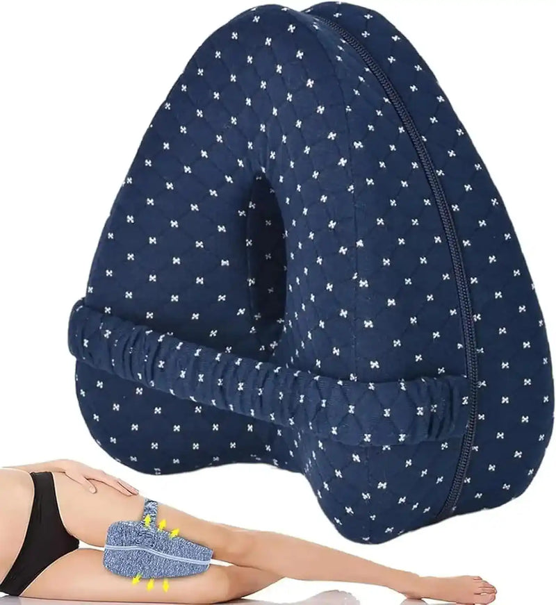Dark blue Memory Foam Knee Pillow with printed cover; shown in use for side sleeping and hip alignment support.